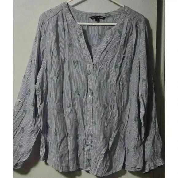 Women's Zac & Rachel Blouse, 1X, Blue & White Striped‎ Cactus Print - Picture 1 of 5